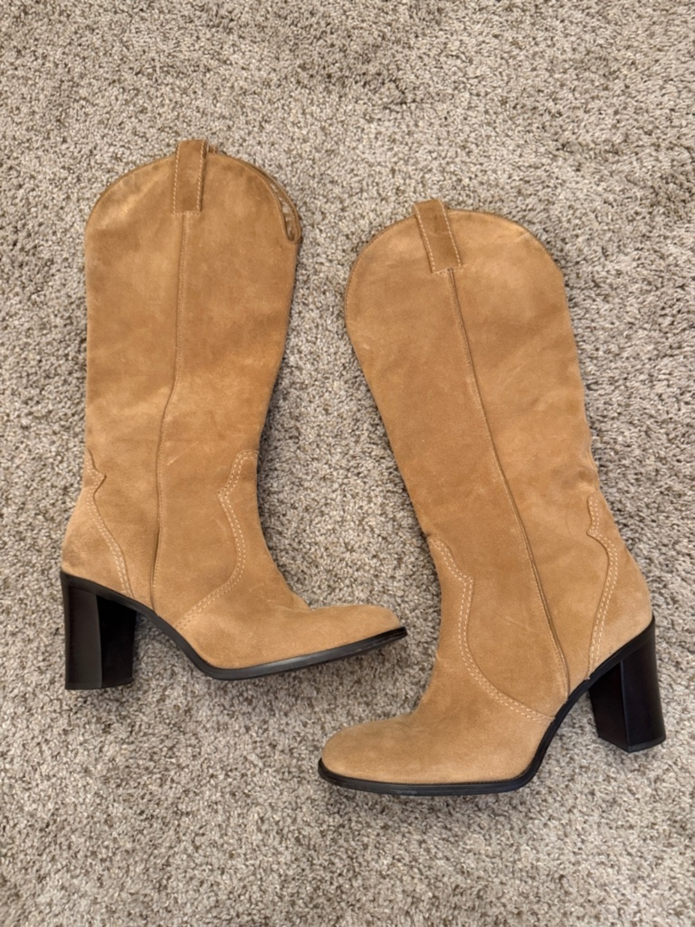 Franco Sarto Suede Western Heeled Boots Tan Size 9M Knee High Block Heel